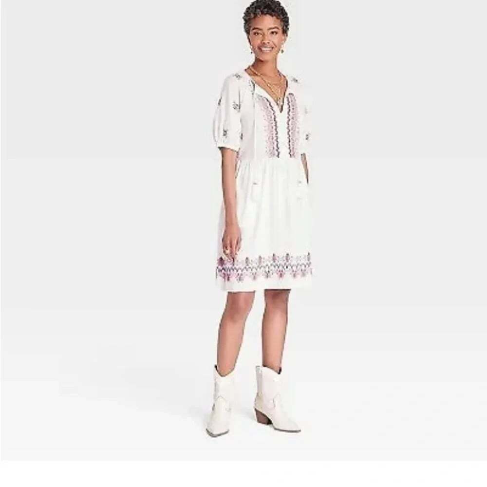 KNOX ROSE Women Short Sleeve Embroidered Knee Length Dress Sz M White 52-20